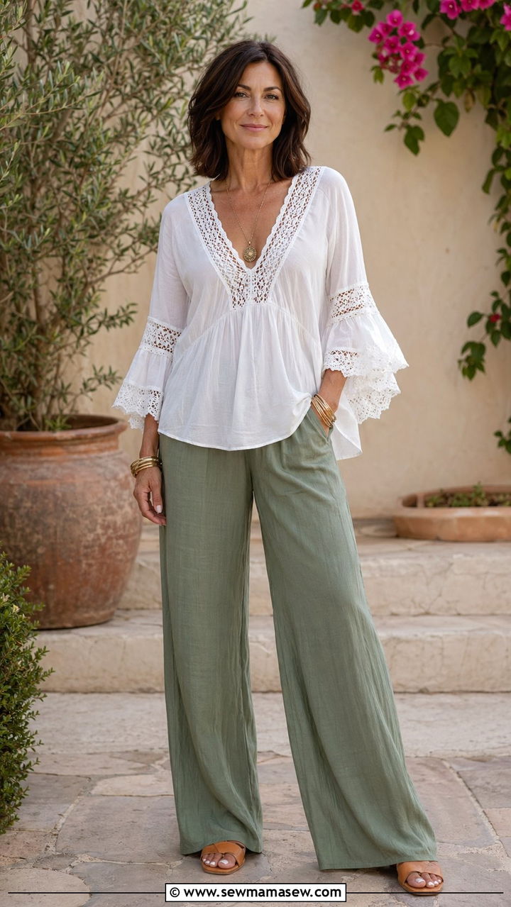 White Crochet Blouse With Sage Green Pants - 35 Outfit ideas for women over 75