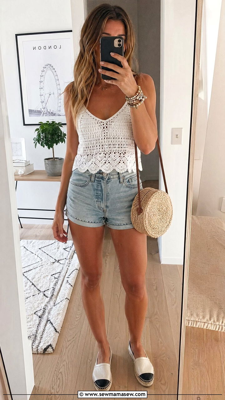 White Crochet Top With High Waisted Denim Shorts - 35 Summer London outfit ideas