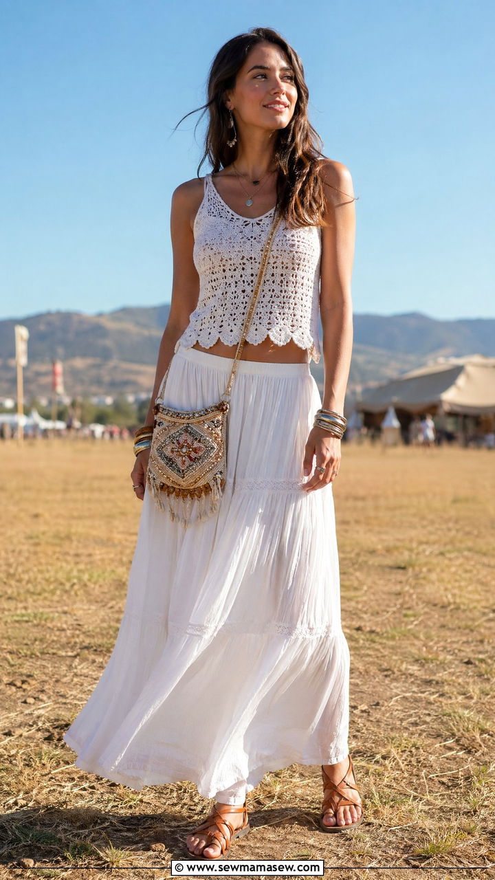 White Crochet Top and Maxi Skirt Outfit - 35 summer all white outfit ideas