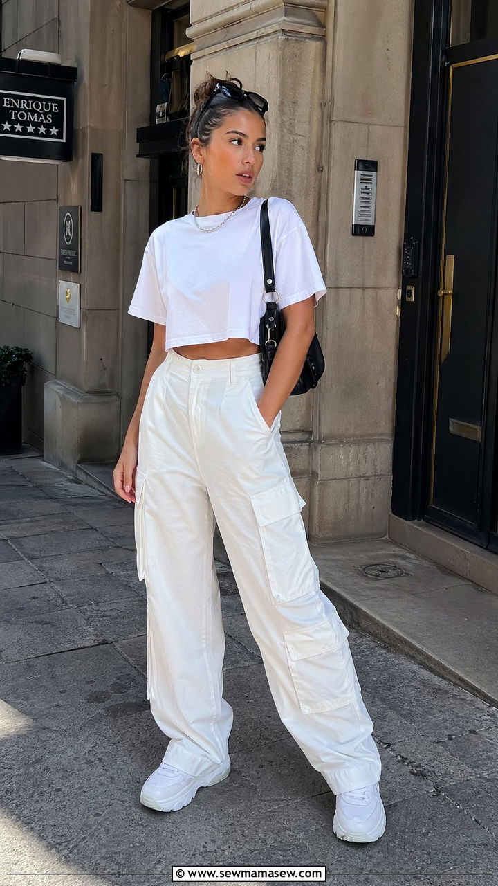 White Cropped Tee and Cargo Pants Outfit - 35 summer all white outfit ideas