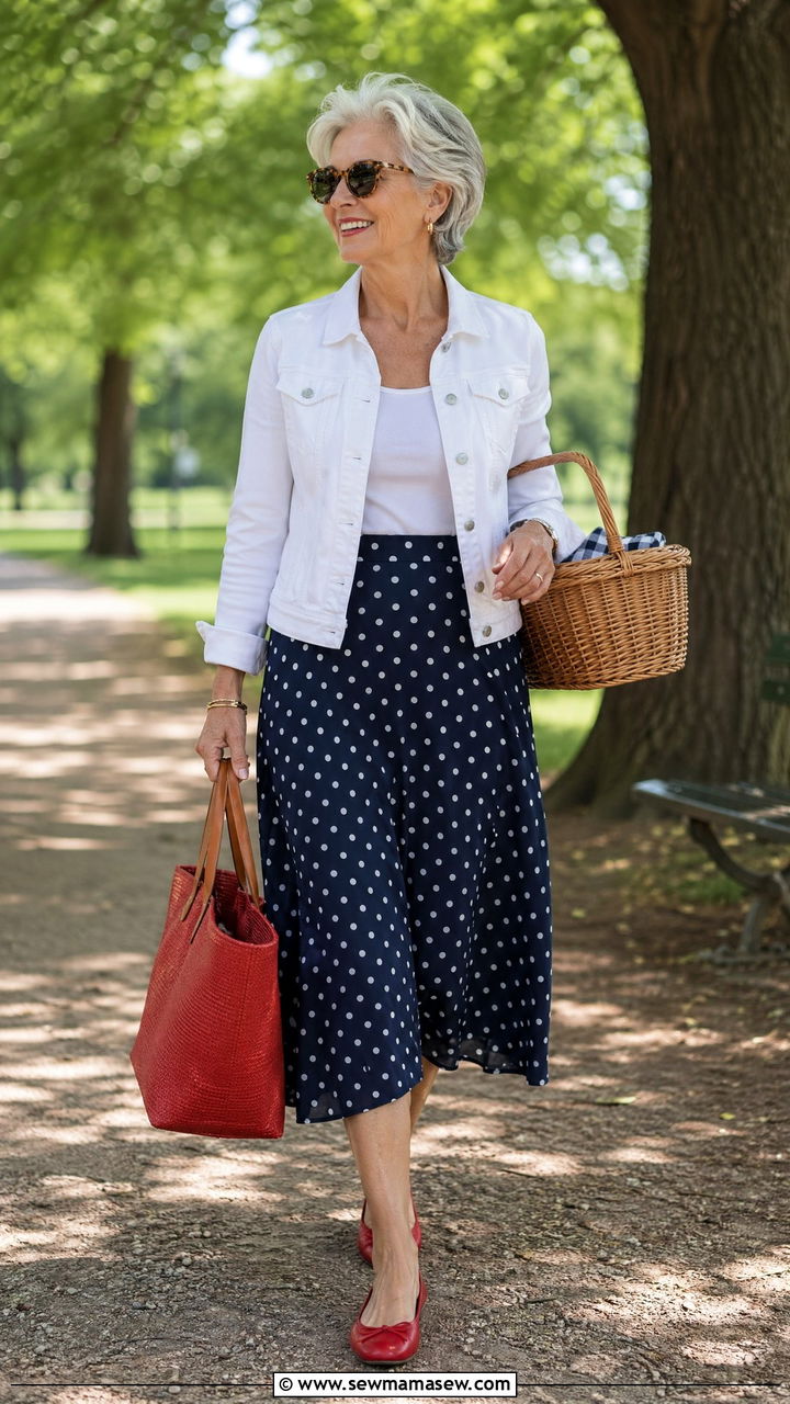 White Denim Jacket With a Navy and White Polka Dot Midi Skirt - 35 Skirt outfit ideas for women over 60