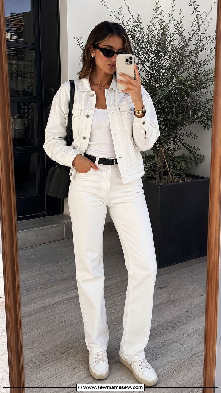 White Denim Jacket and Straight Leg Jeans - 35 spring all white outfit ideas