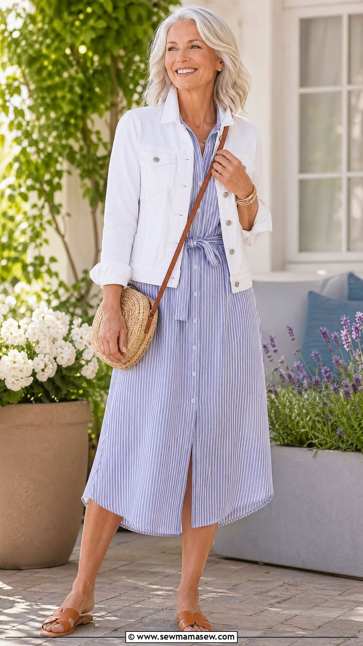 White Denim Jacket with Midi Shirt Dress - 35 Spring outfits for women over 50