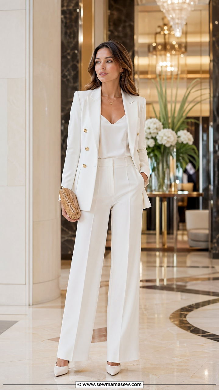 White Double Breasted Blazer With Matching Wide Leg Trousers - 35 Clean girl outfits 2026