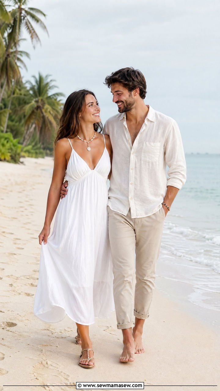 White Dress and Linen Shirt Beach Couple Outfit - 35 Couples photoshoot outfit ideas
