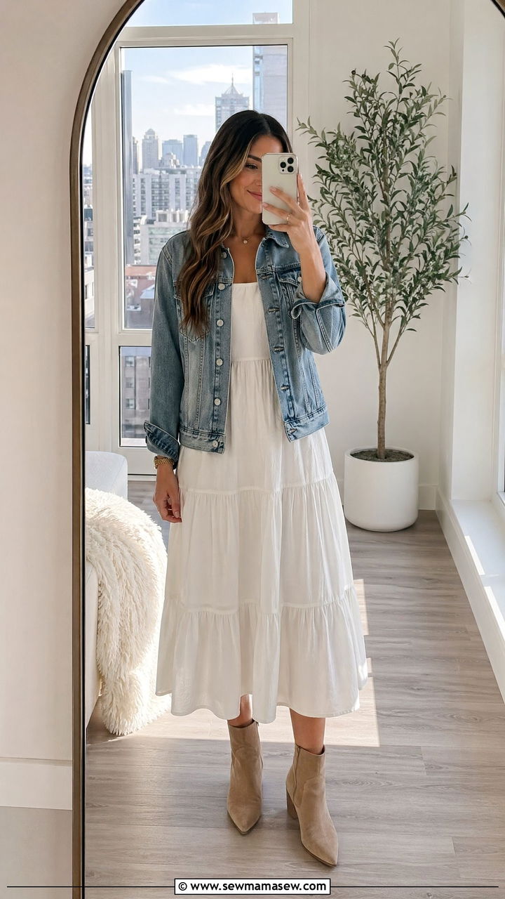 White Dress with Denim Jacket and Ankle Boots - 35 spring elegant outfit ideas
