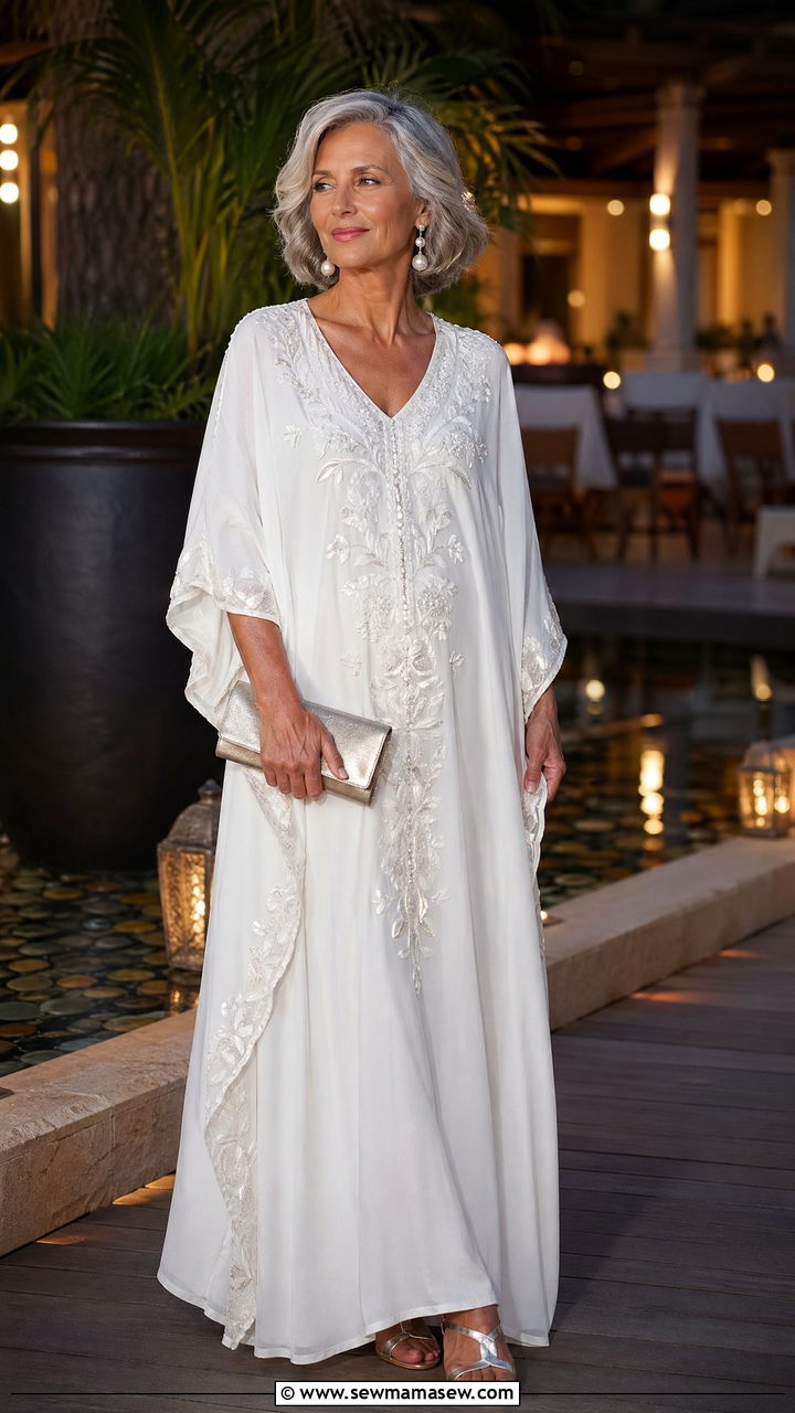 White Embroidered Kaftan With Metallic Sandals And Pearl Earrings - 35 Vacation outfits for women over 50
