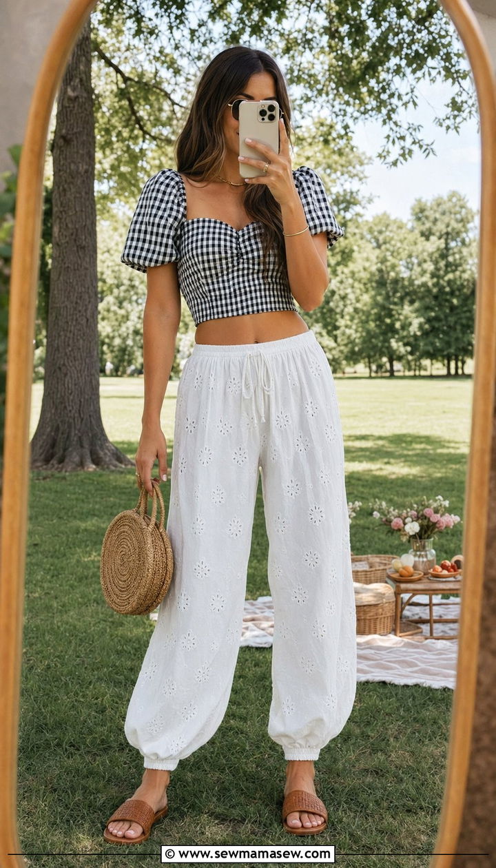 White Eyelet Balloon Pants With Gingham Crop Top - 30 balloon pants outfits