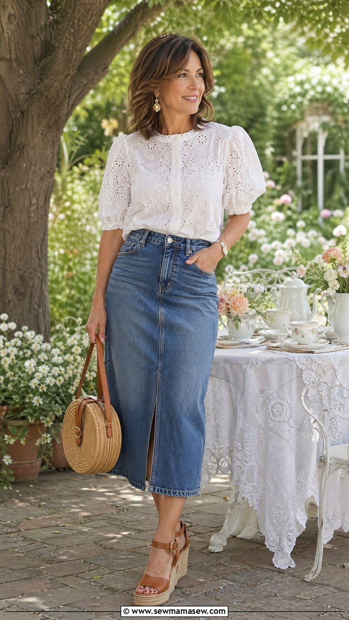 White Eyelet Blouse And Denim Midi Skirt Outfit - 35 Summer capsule wardrobe for women over 40