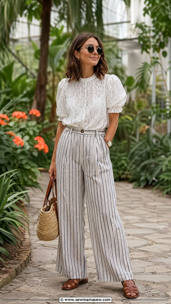 White Eyelet Blouse And Striped Linen Trousers - 35 Summer picnic outfits