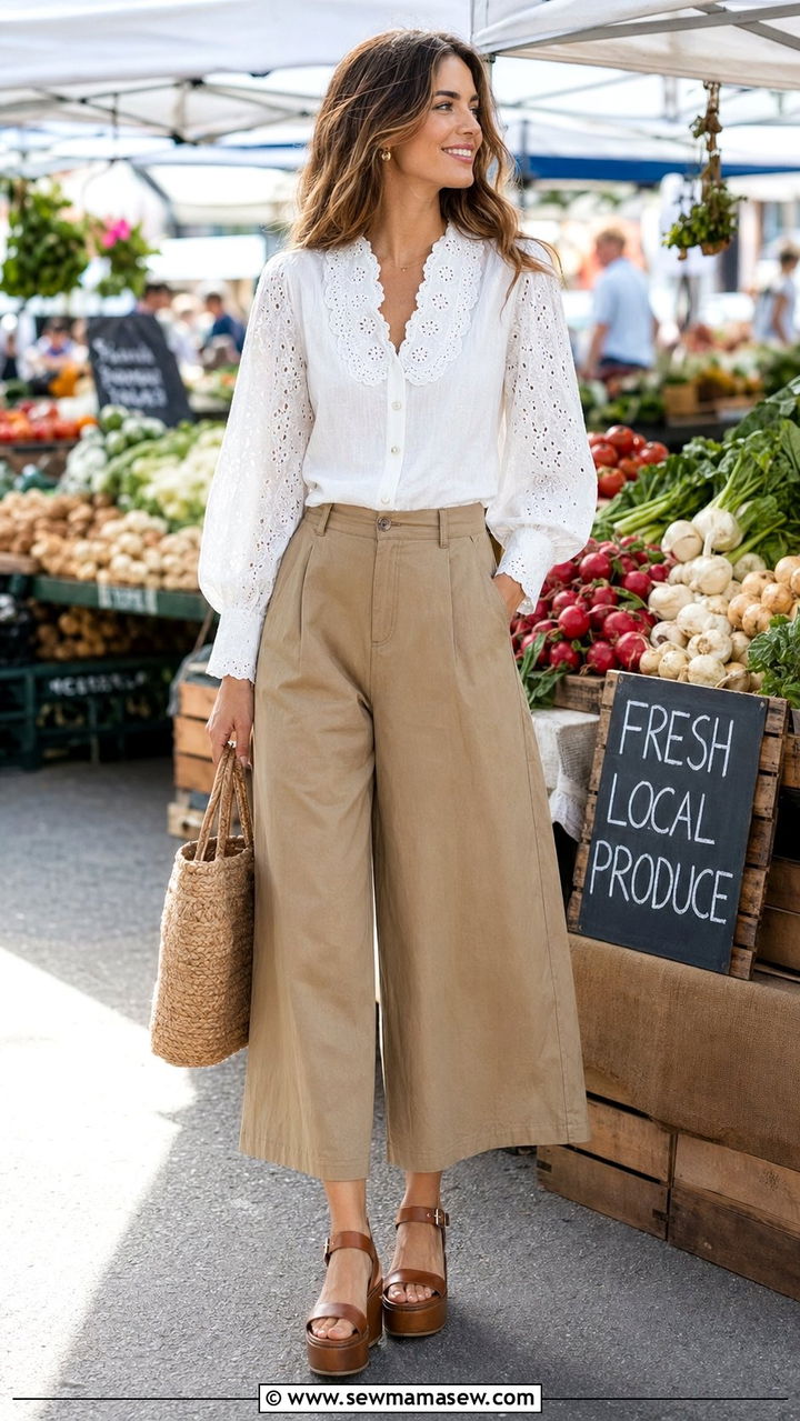 White Eyelet Blouse with Khaki Wide Leg Culottes - 35 Old money vacation outfit ideas