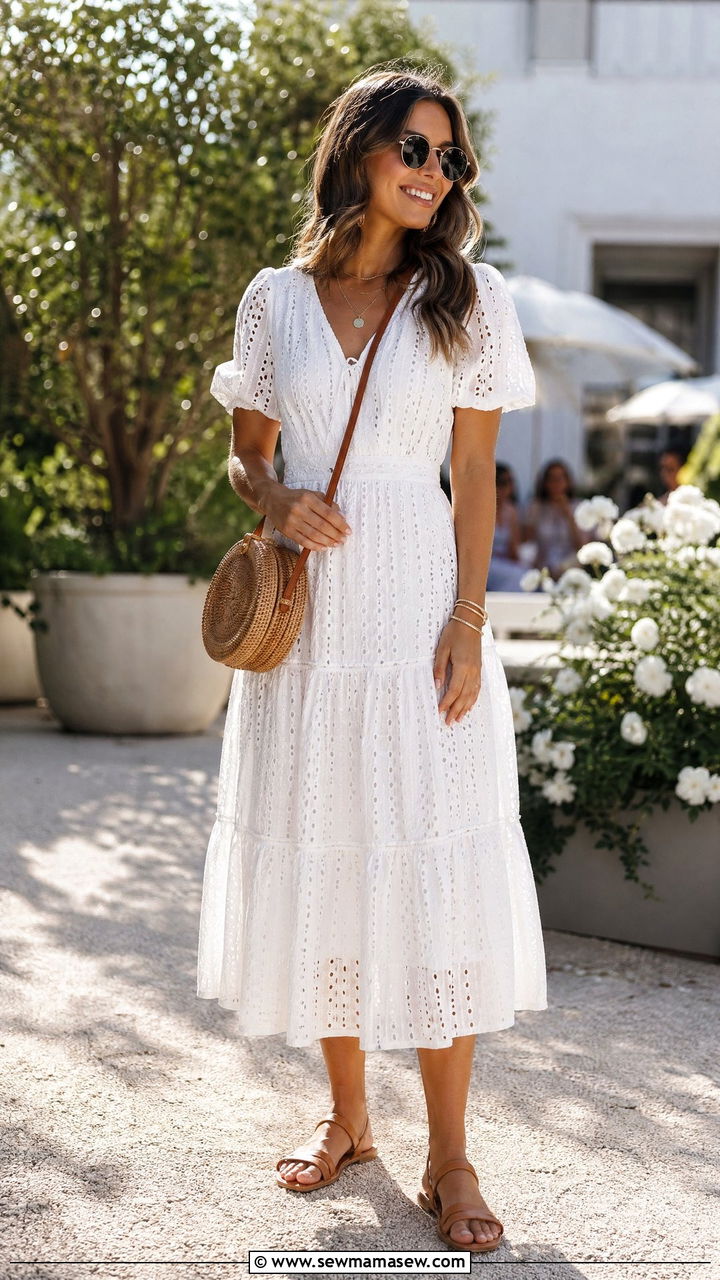 White Eyelet Dress Outfit With Tan Sandals And Woven Crossbody - 35 classy dress outfits