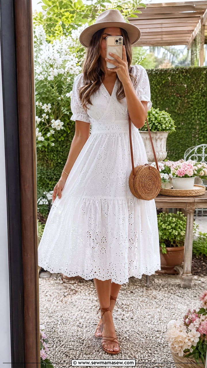 White Eyelet Dress With Brown Leather Sandals Outfit - 35 summer labor day outfit ideas