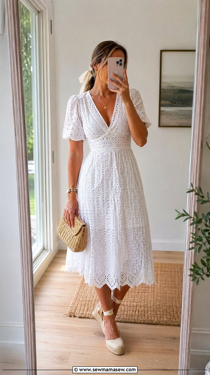 White Eyelet Dress With Espadrilles - 35 summer cottagecore outfit ideas
