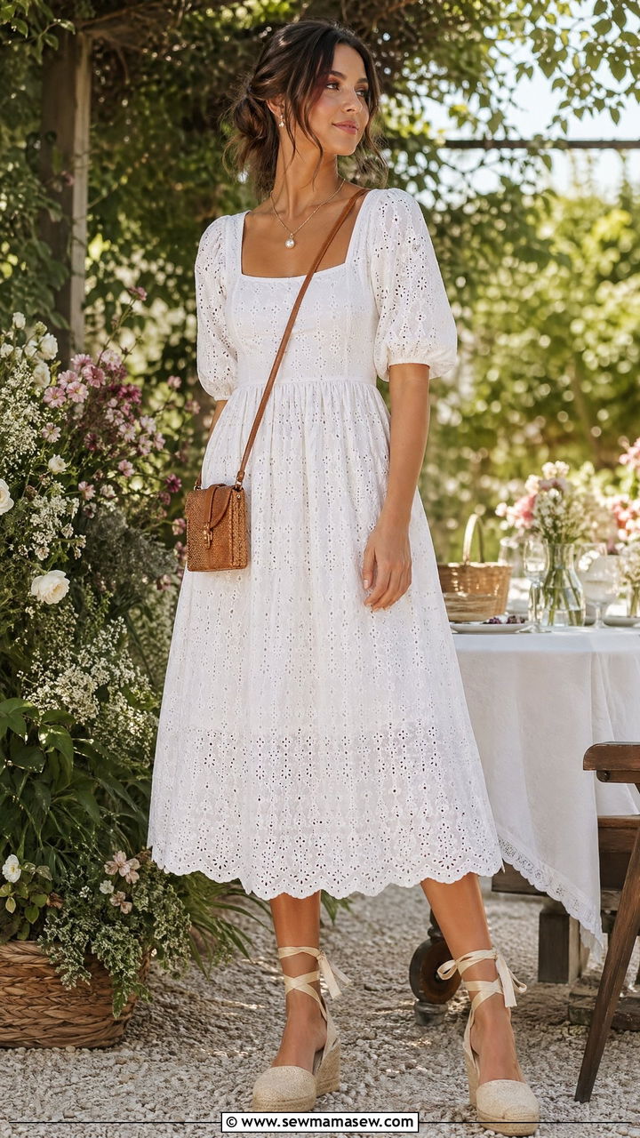 White Eyelet Dress With LaceUp Wedge Espadrilles - 35 summer french girl outfit ideas
