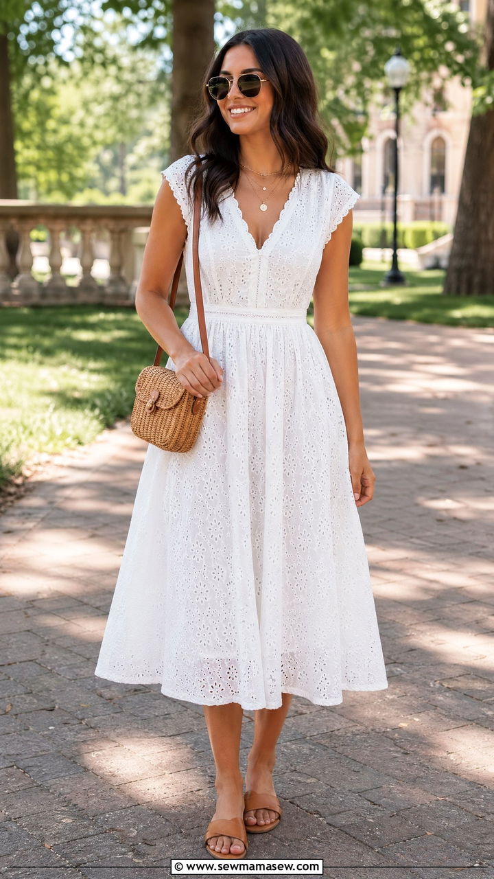 White Eyelet Dress With Straw Bag For Graduation - 35 spring graduation outfit ideas
