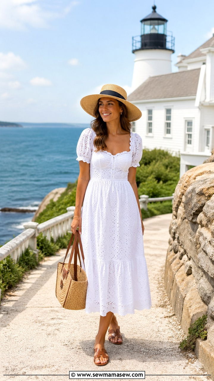 White Eyelet Dress With Straw Hat - 30 spring beach trip outfit ideas