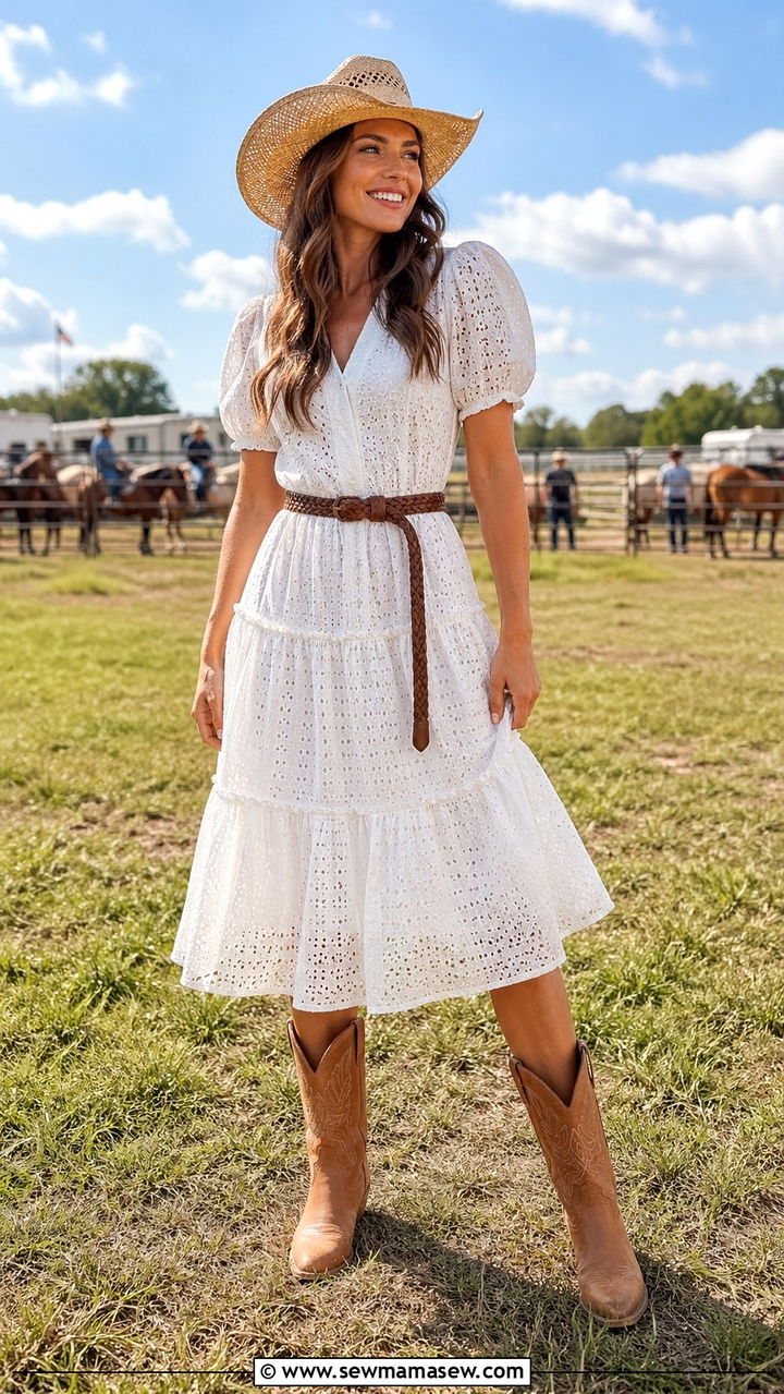 White Eyelet Dress With Tan Boots - 30 Rodeo outfit ideas for women 2026