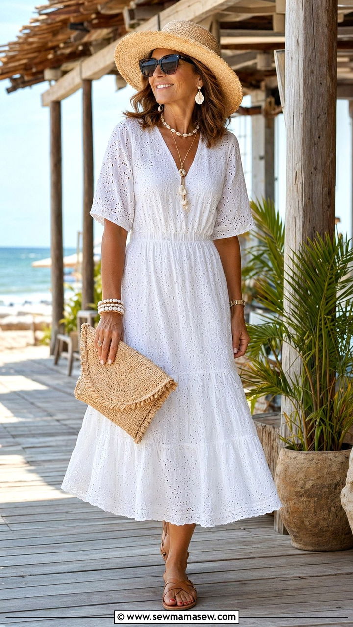 White Eyelet Dress With Tan Leather Sandals - 30 Beach vacation outfits for women over 40