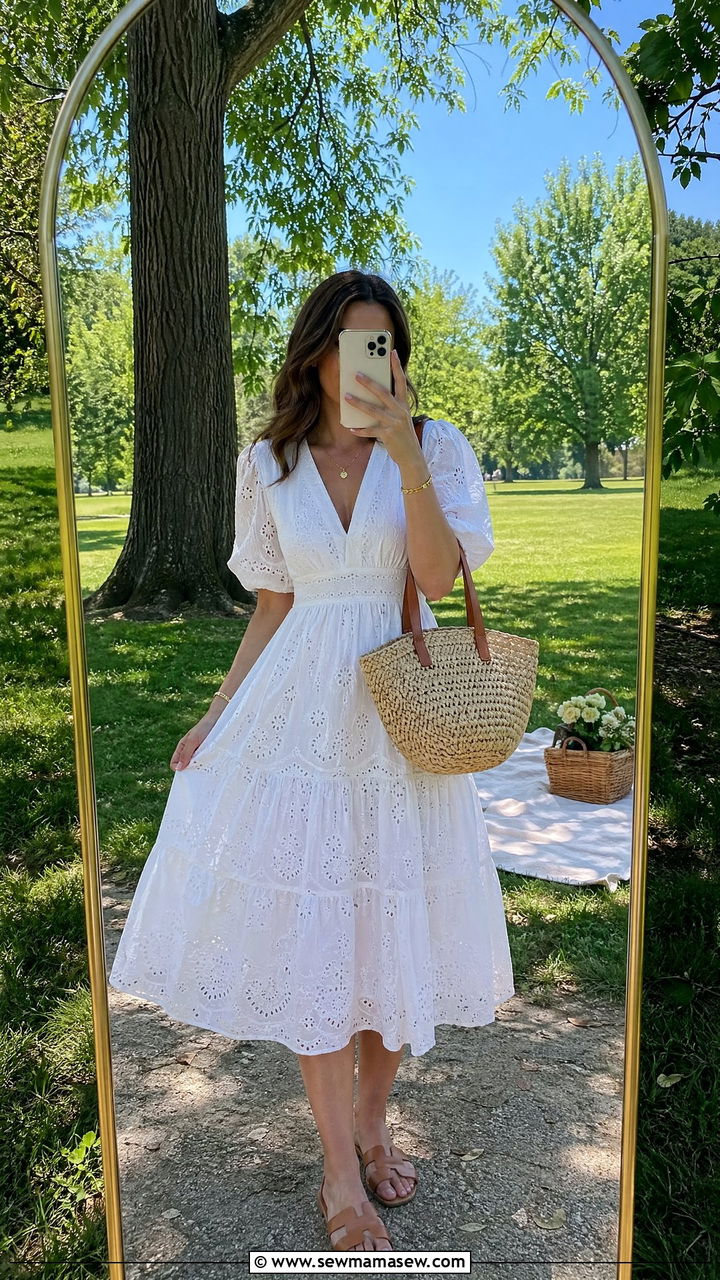 White Eyelet Dress With Tan Sandals And Woven Tote - 35 spring feminine outfit ideas