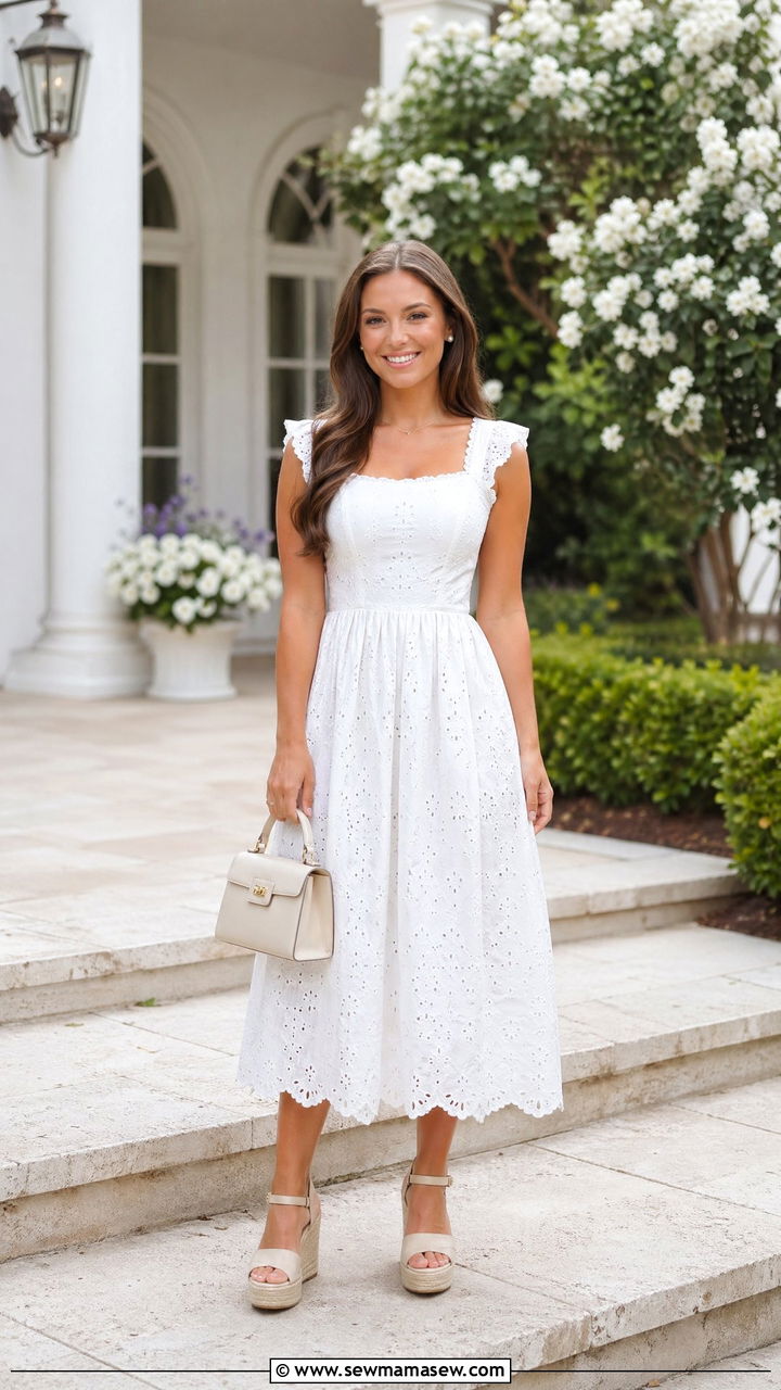 White Eyelet Dress With Wedge Sandals For Initiation - 35 Sorority outfit ideas