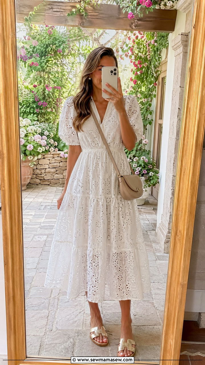 White Eyelet Dress and Slide Sandals - 35 Summer family reunion outfits