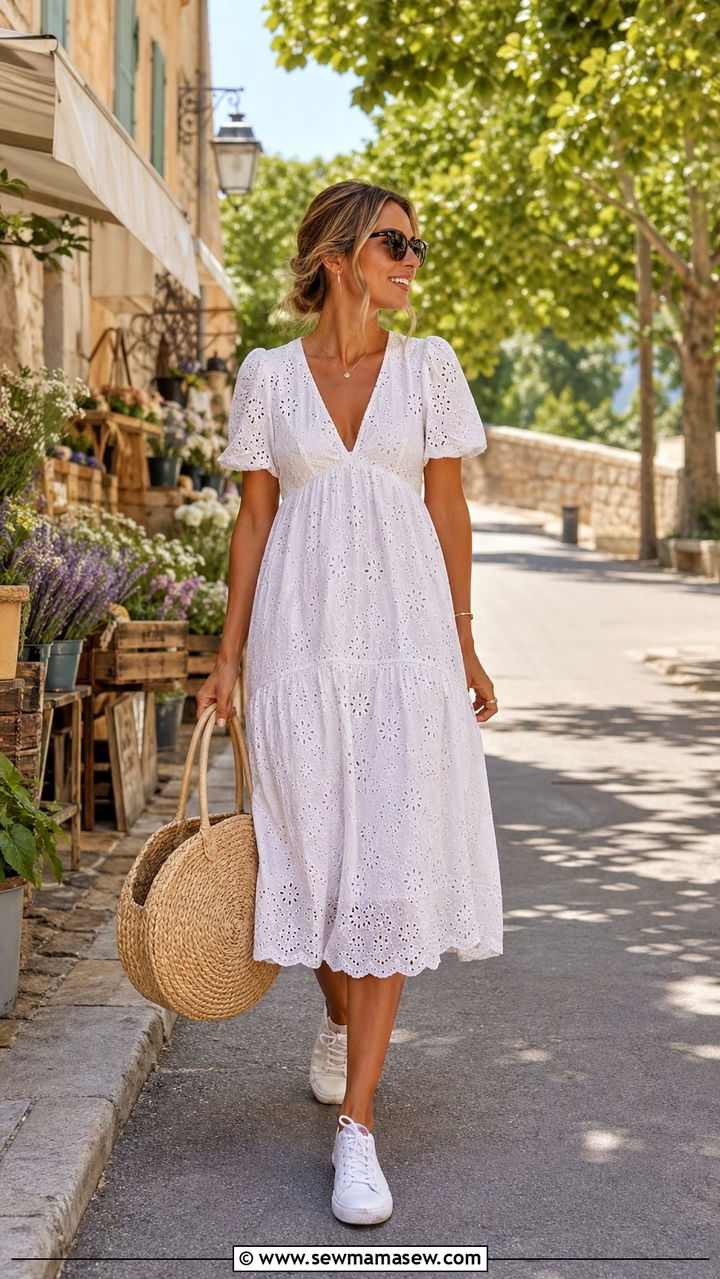 White Eyelet Dress with Canvas Sneakers and Straw Tote - 30 spring europe travel outfit ideas