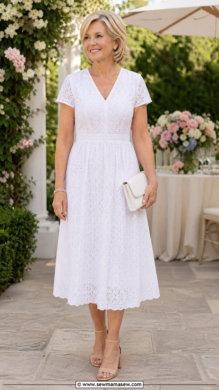 White Eyelet Dress with Nude Block Heel Sandals - 35 summer outfit ideas for women over 50