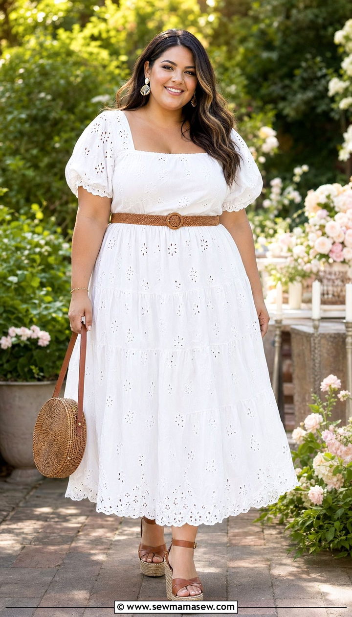 White Eyelet Dress with Tan Accessories and Wedge Sandals - 35 outfit ideas for plus size women