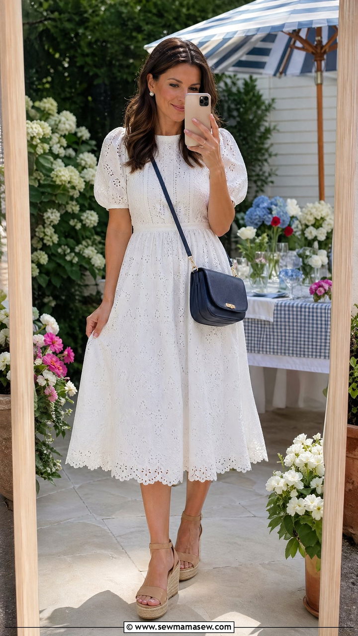 White Eyelet Midi Dress With Espadrille Wedges - 35 summer memorial day outfit ideas