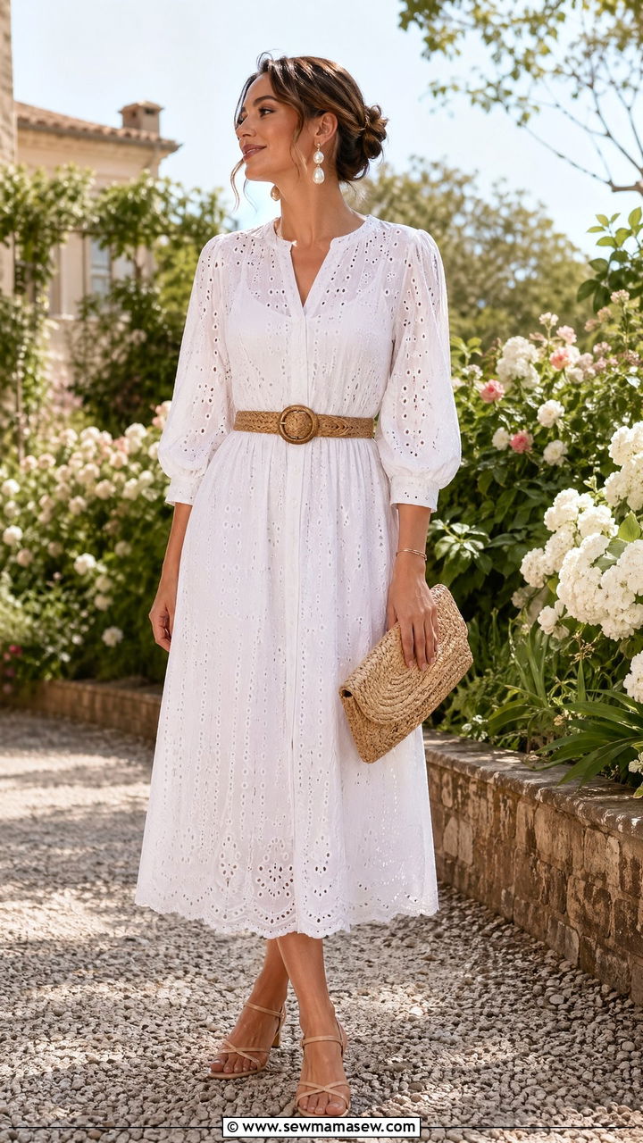 White Eyelet Midi Dress and Brown Woven Belt - 35 coastal grandmother outfits for women