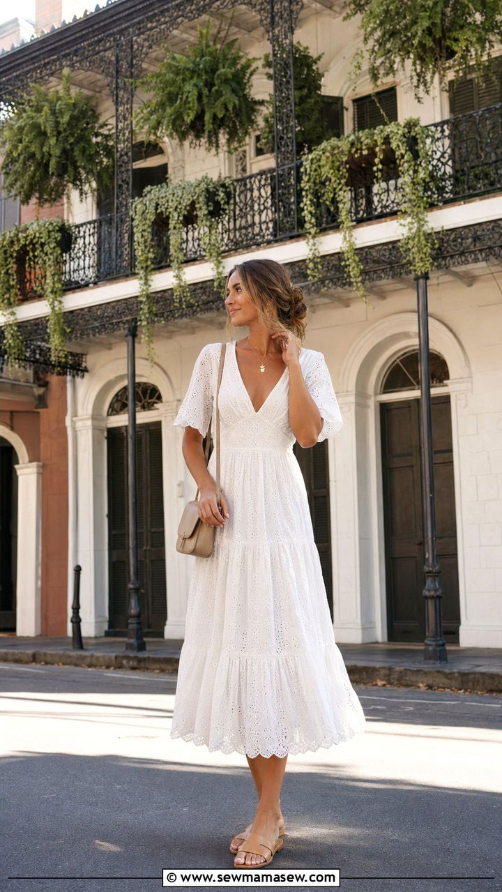 White Eyelet Midi Dress with Flat Sandals - 35 New Orleans outfit ideas