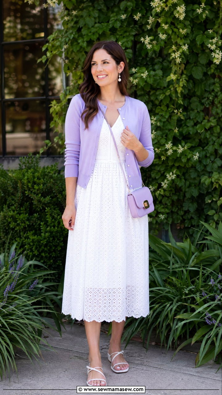 White Eyelet Midi Dress with Lavender Cardigan - 35 Soft girl outfit ideas