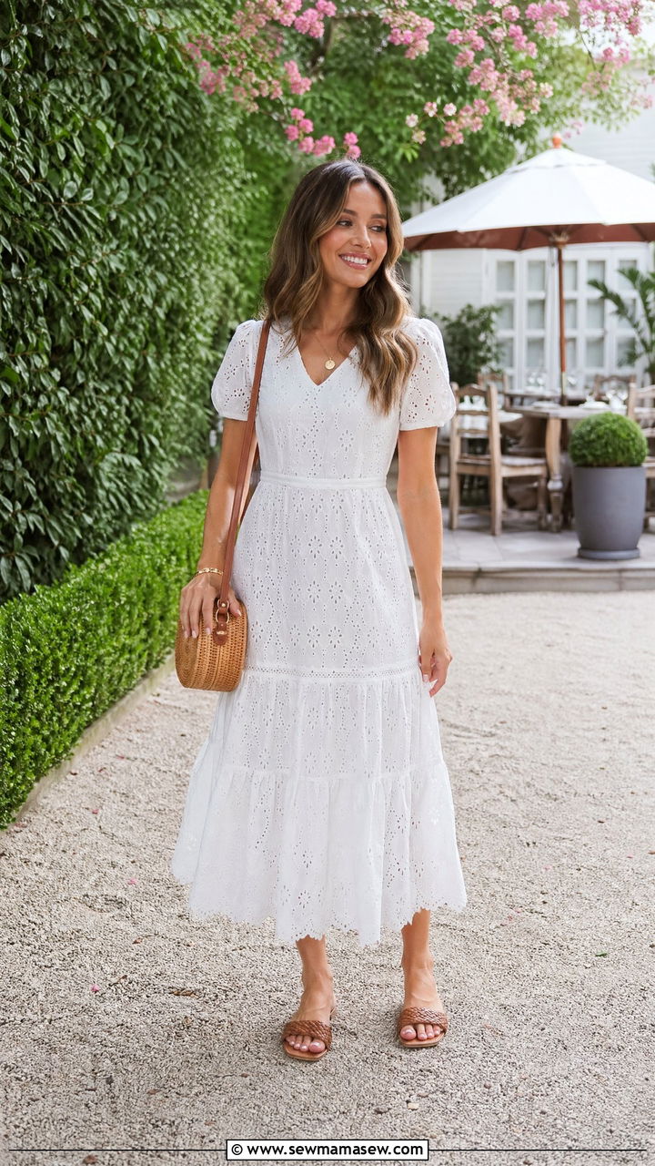 White Eyelet Midi Dress with Woven Sandals - 35 Summer brunch outfits