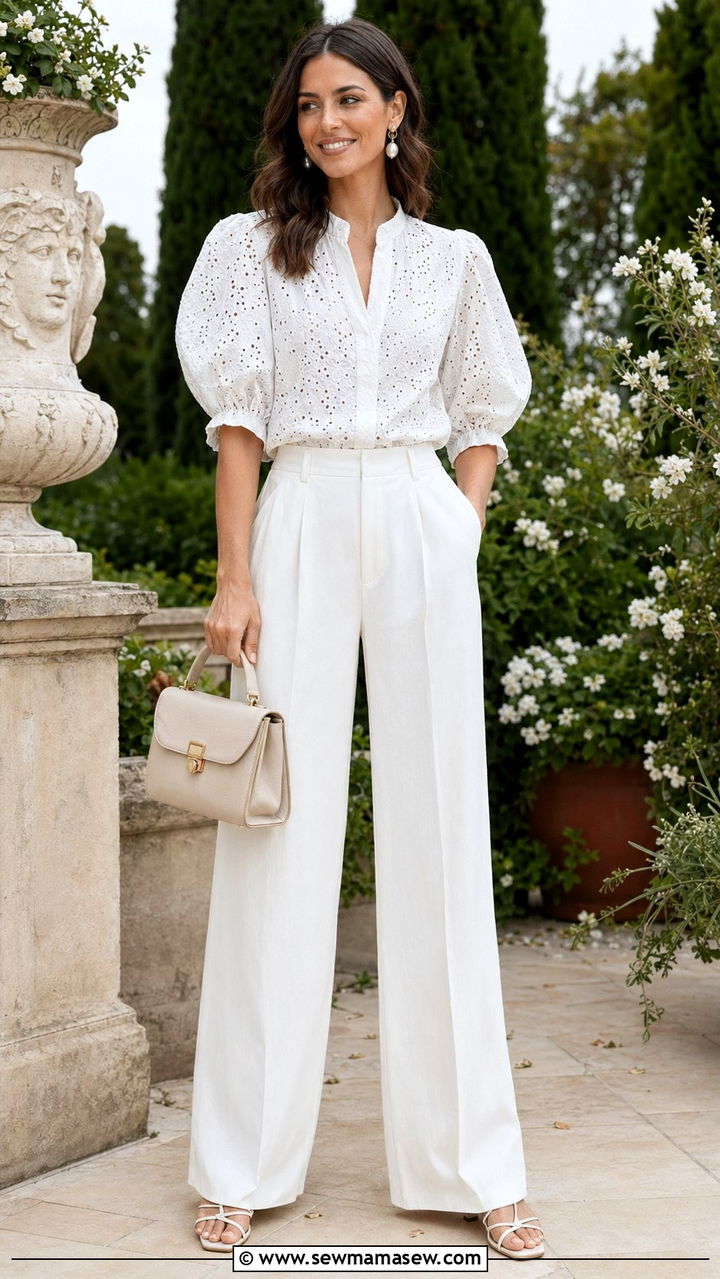 White Eyelet Puff Sleeve Blouse and White Wide Leg Pants - 30 White outfit ideas for summer travel