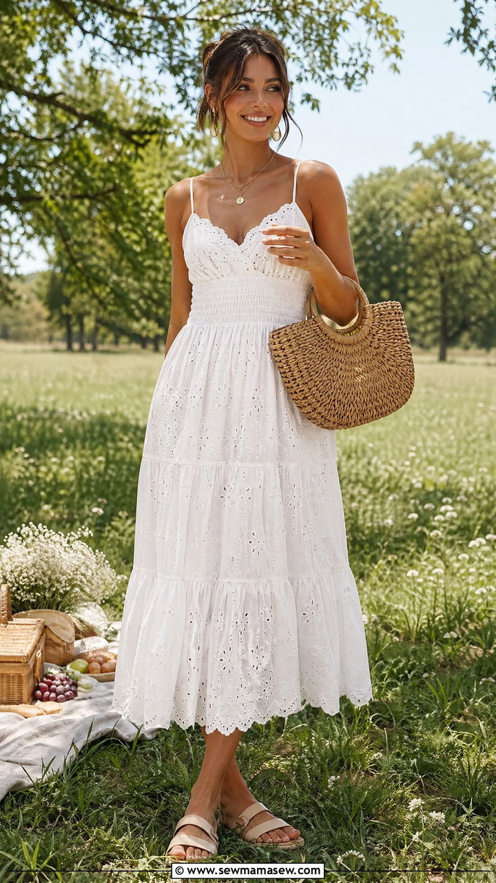 White Eyelet Sundress With Woven Straw Bag - 35 cute outfits ideas
