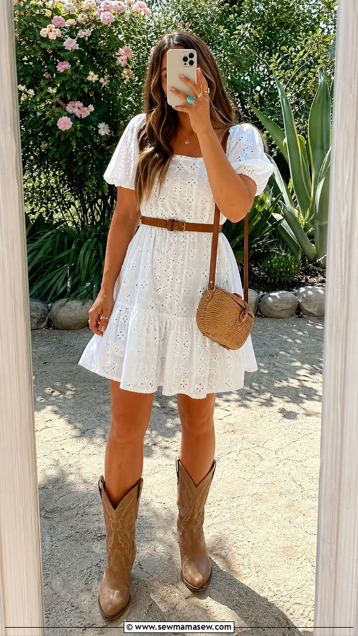 White Eyelet Sundress with Tan Cowboy Boots - 35 Western chic outfit ideas