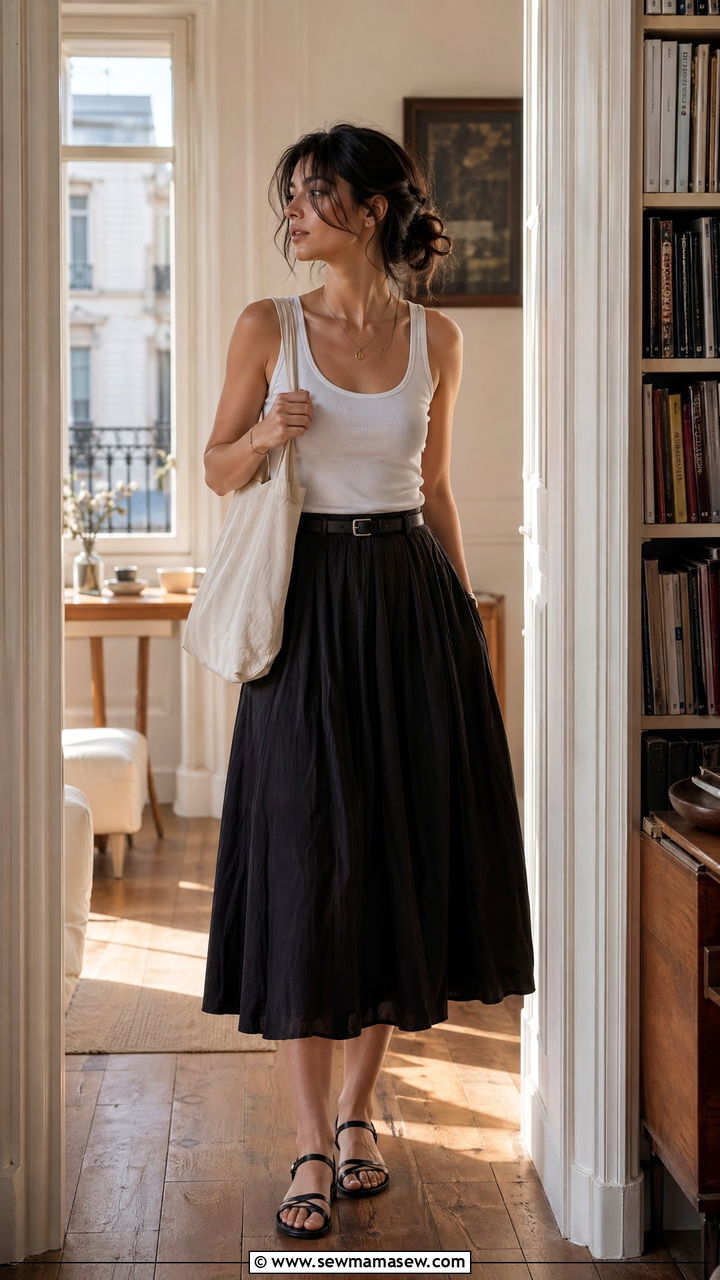 White Fitted Tank and Black Midi Skirt with Slide Sandals - 35 dark academia outfits