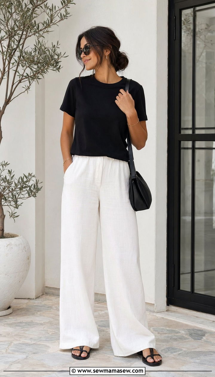 White Flowy Pants with Black T Shirt Outfit - 35 modest outfit ideas for women