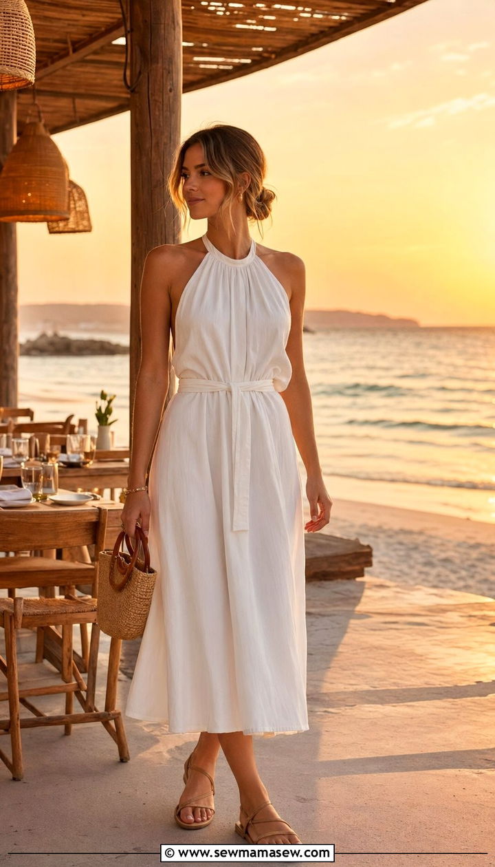 White Halter Midi Dress with Neutral Accessories - 30 White outfit ideas for summer travel