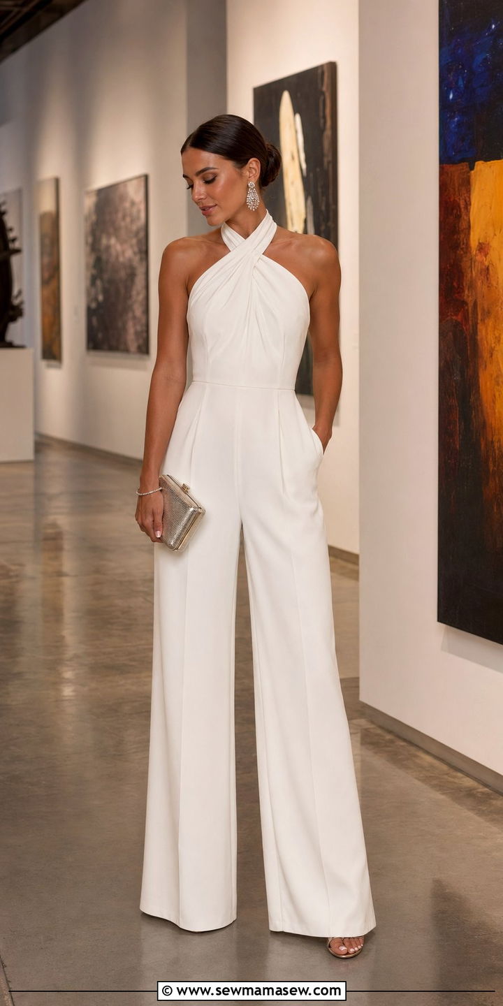 White Halter Neck Jumpsuit With Metallic Clutch - 30 White dress outfit ideas for wedding guest