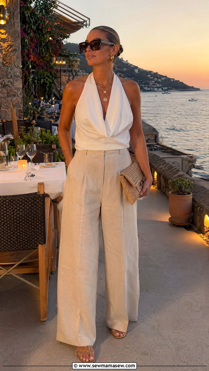 White Halter Top With Wide Leg Beige Linen Pants - 35 Clean girl outfit ideas summer 2026