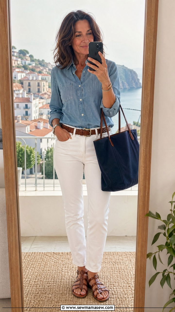 White Jeans And Chambray Shirt Summer Outfit - 35 Summer capsule wardrobe for women over 40
