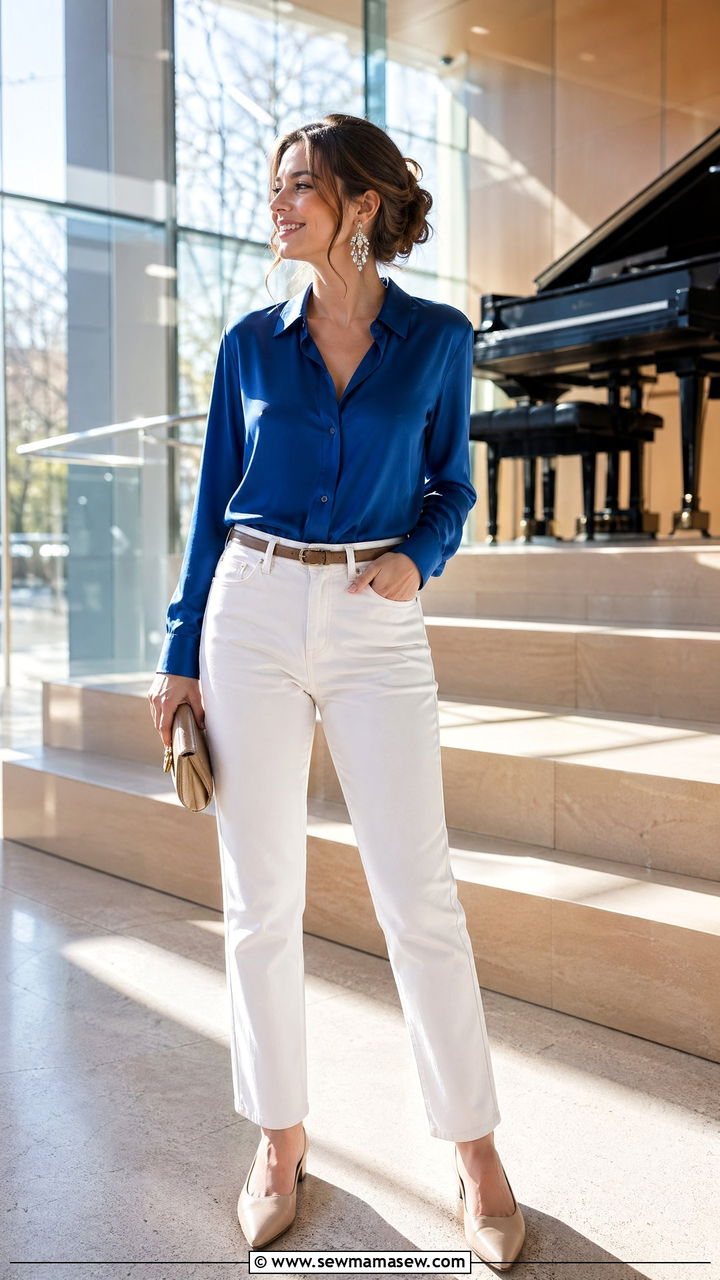 White Jeans And Silk Blouse For Classical Concert - 35 Classical concert outfit ideas
