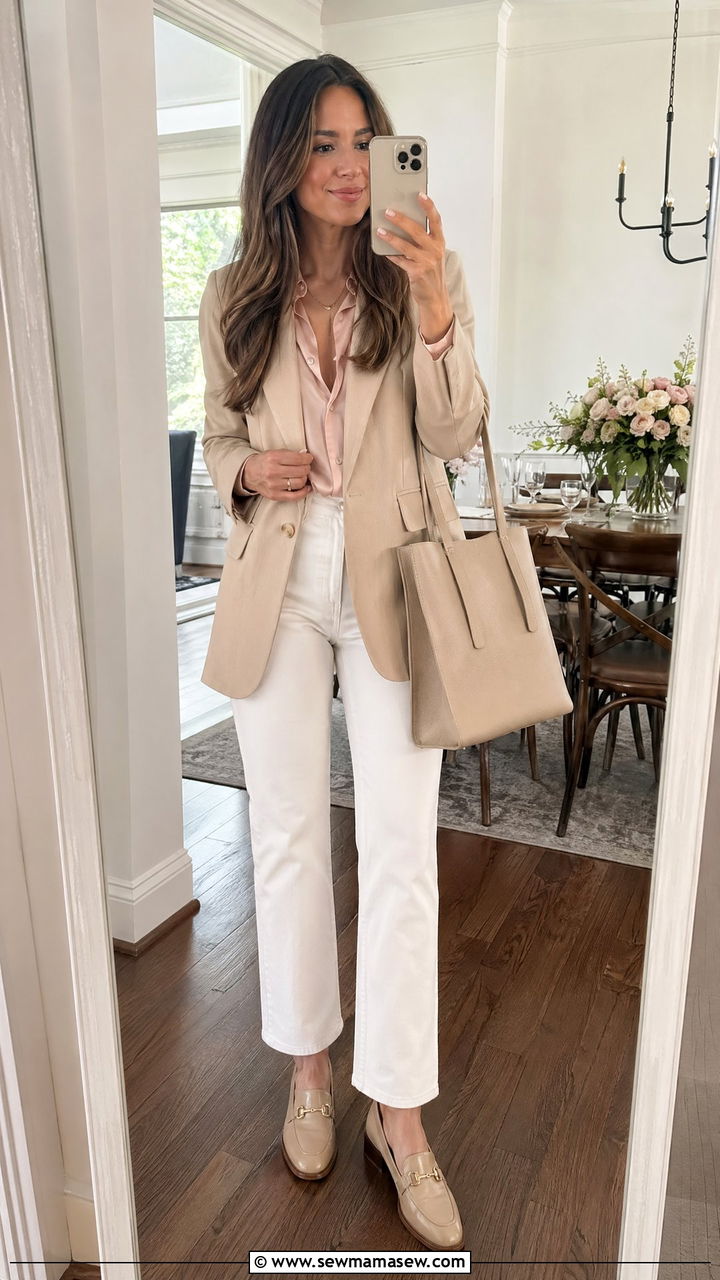 White Jeans Blazer and a Silk Blouse - 35 classy graduation outfits
