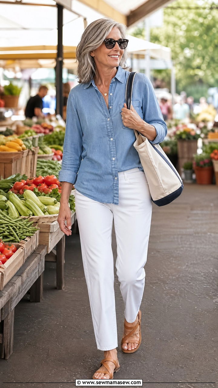 White Jeans With A Chambray Shirt Outfit For Women Over 50 - 35 Casual outfits for women over 50