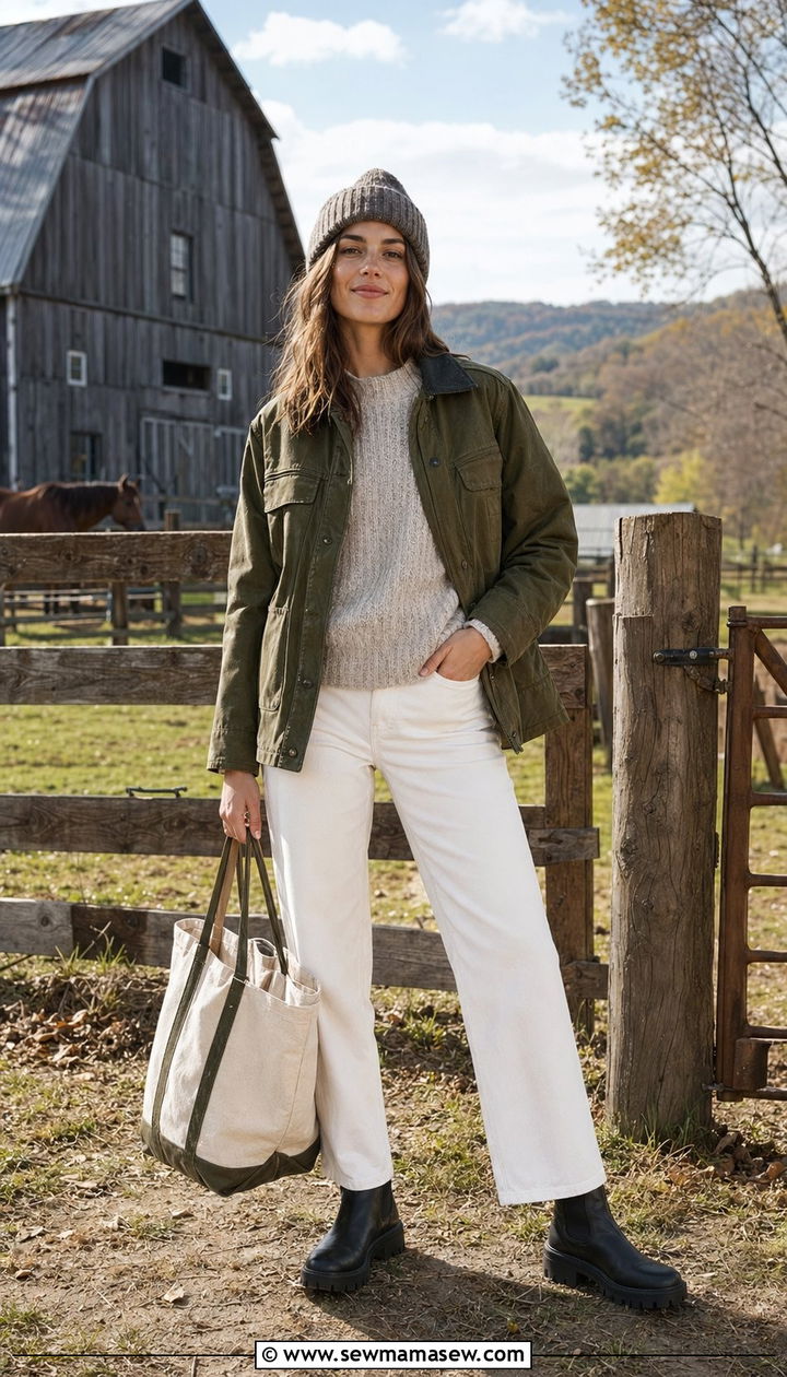 White Jeans With Barn Jacket and Lug Boots - 30 white jeans outfit ideas for women