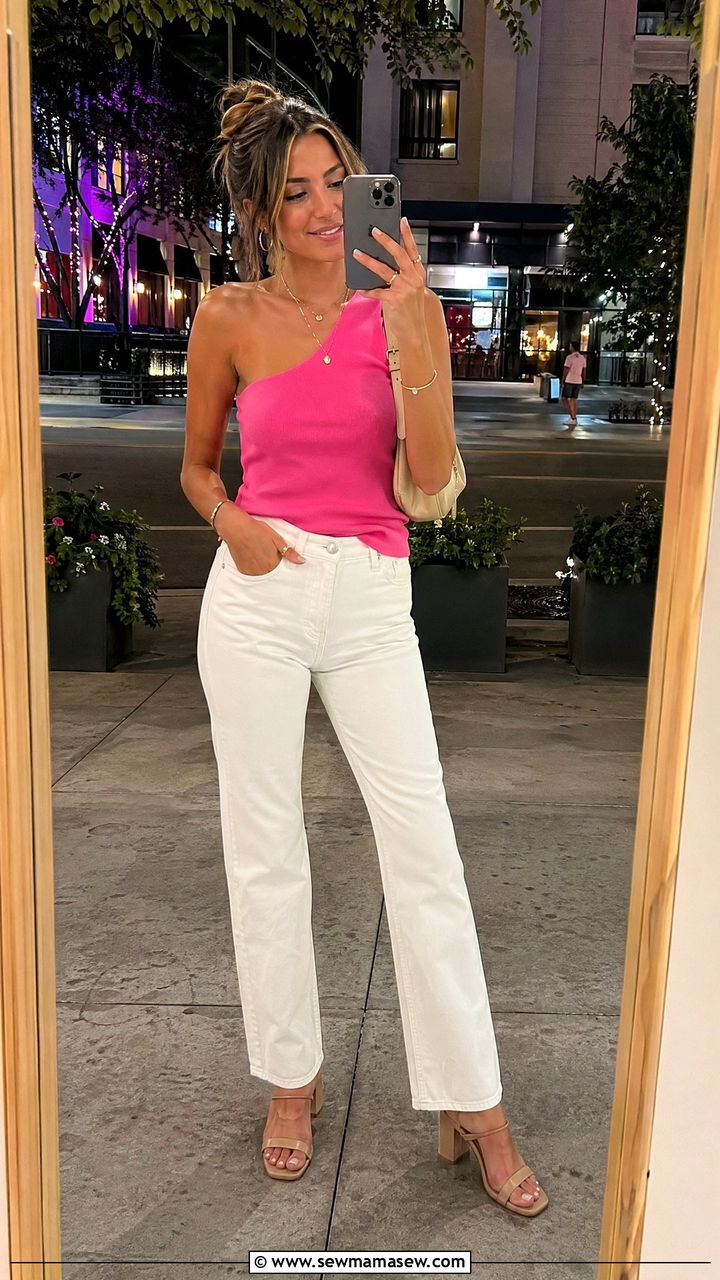White Jeans With Bright Statement Top - 35 summer girls night out outfit ideas