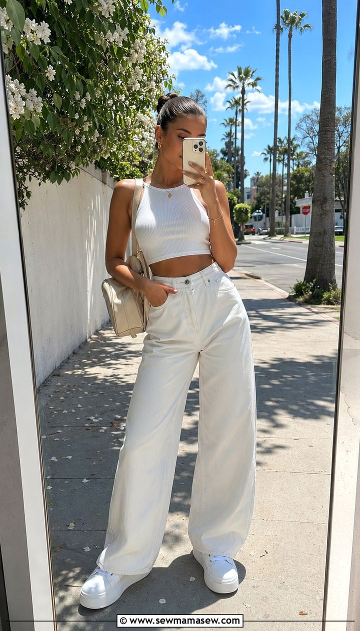 White Jeans With Crop Top and Platform Sneakers - 30 white jeans outfit ideas for women
