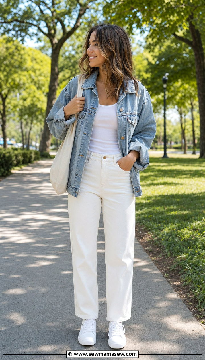 White Jeans With Denim Jacket and Sneakers - 30 white jeans outfit ideas for women